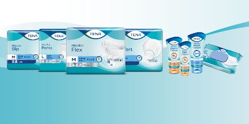 Een selectie van TENA ProSkin incontinentieproducten en TENA-huidverzorgingsproducten 