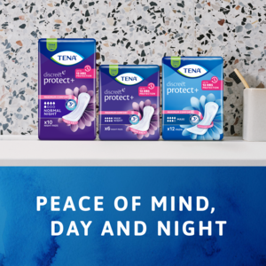 Peace of mind, day and night, with TENA Discreet Protect+ incontinence pads